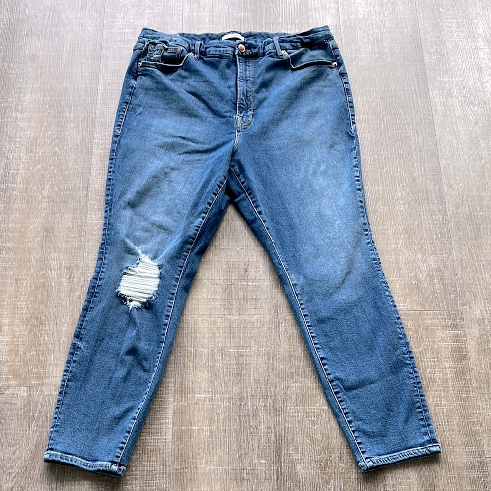 Good American Good Waist Organic Cotton Distressed Jeans w/Rose Gold size 20
